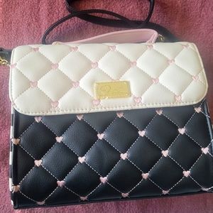 Never Used Betsey Johnson Heart Quilt Crossbody-Black, White, Pink, Striped Side